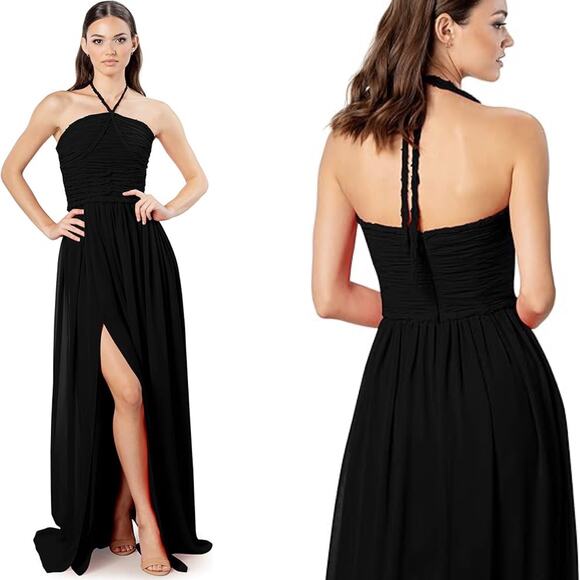 Dress The Population Aura Chiffon Halter Maxi Dress Evening Date Black M NWT - Picture 1 of 13